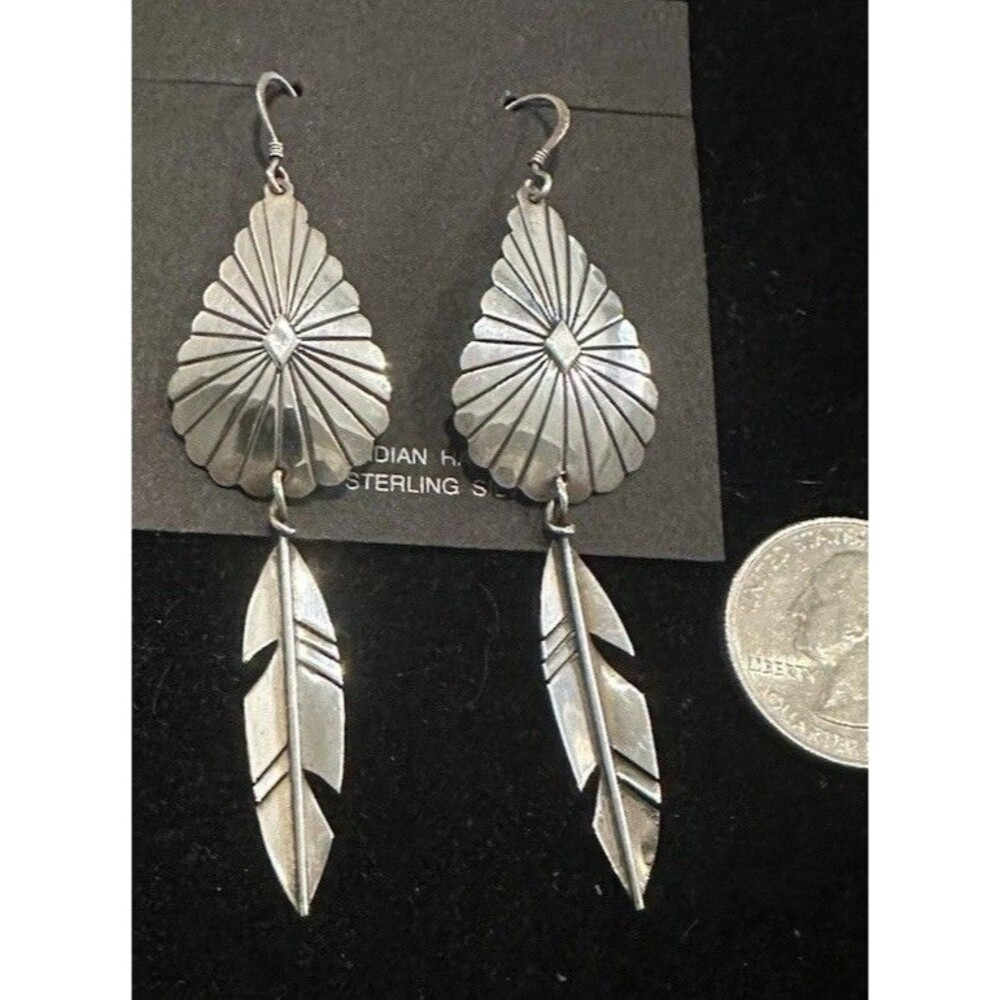 Vintage Sterling silver 925 handmade earrings, Native American feathers dangles